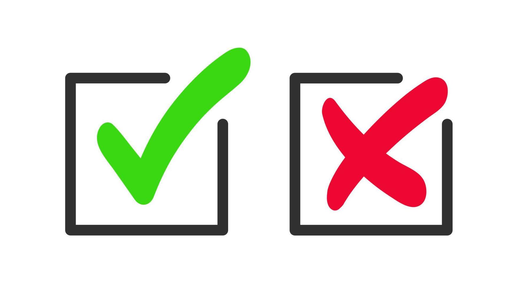 marca de seleção verde e ícone da cruz vermelha. símbolo vetorial de aprovado e rejeitado. vetor