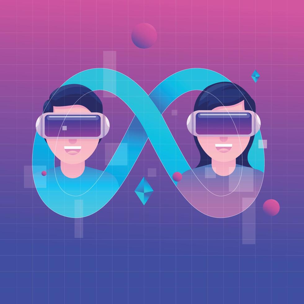 um casal de adolescentes está em uma videochamada usando realidade virtual no metaverso vetor