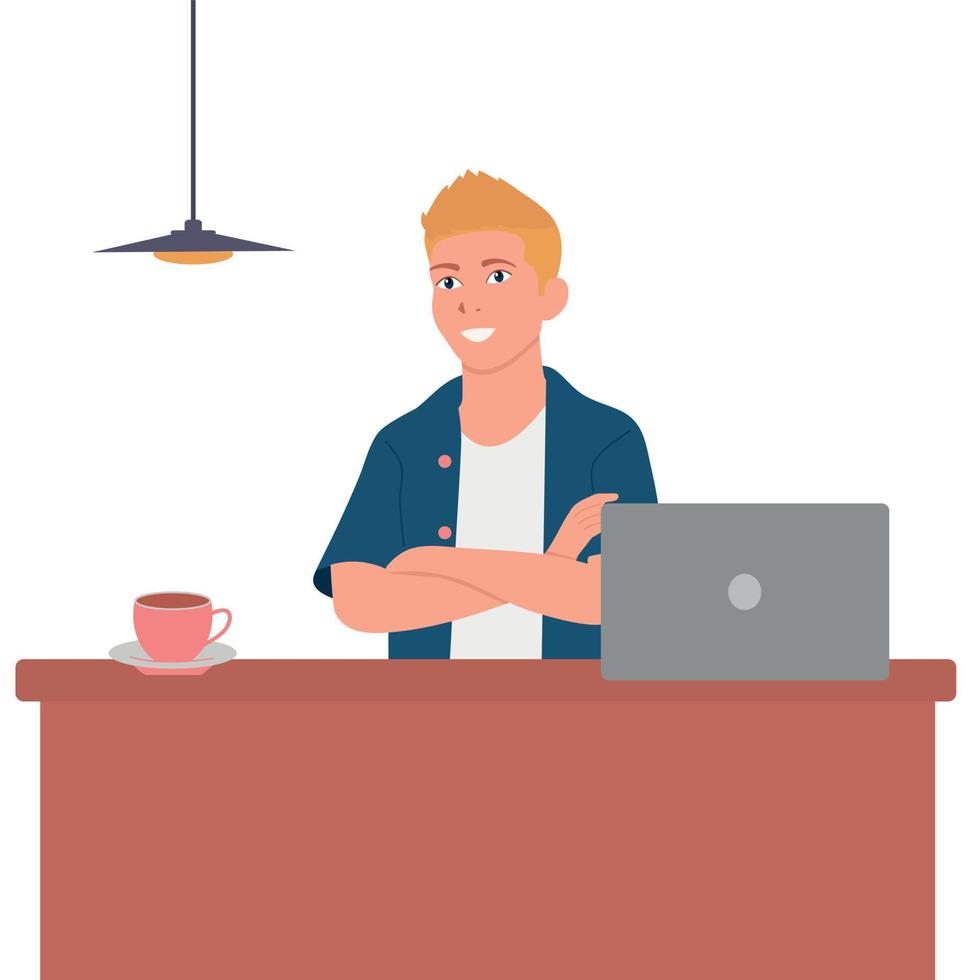 um jovem trabalha no escritório ou em casa no computer.coffee, vetor isolado.