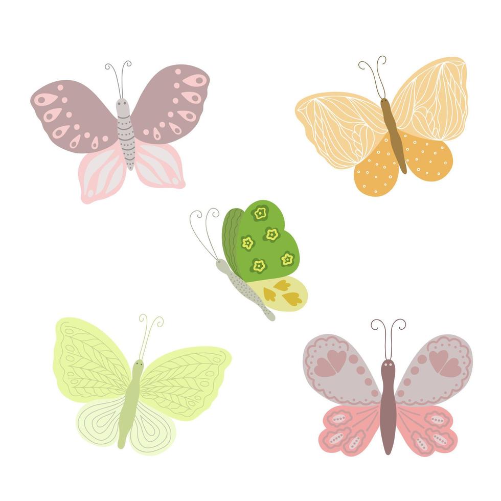 borboletas coloridas chiques definidas em ilustração vetorial de estilo simples simples, símbolo das férias da páscoa, primavera ou verão, decoração de celebração, clipart para cartões, banner, decoração de primavera, inseto fofo vetor
