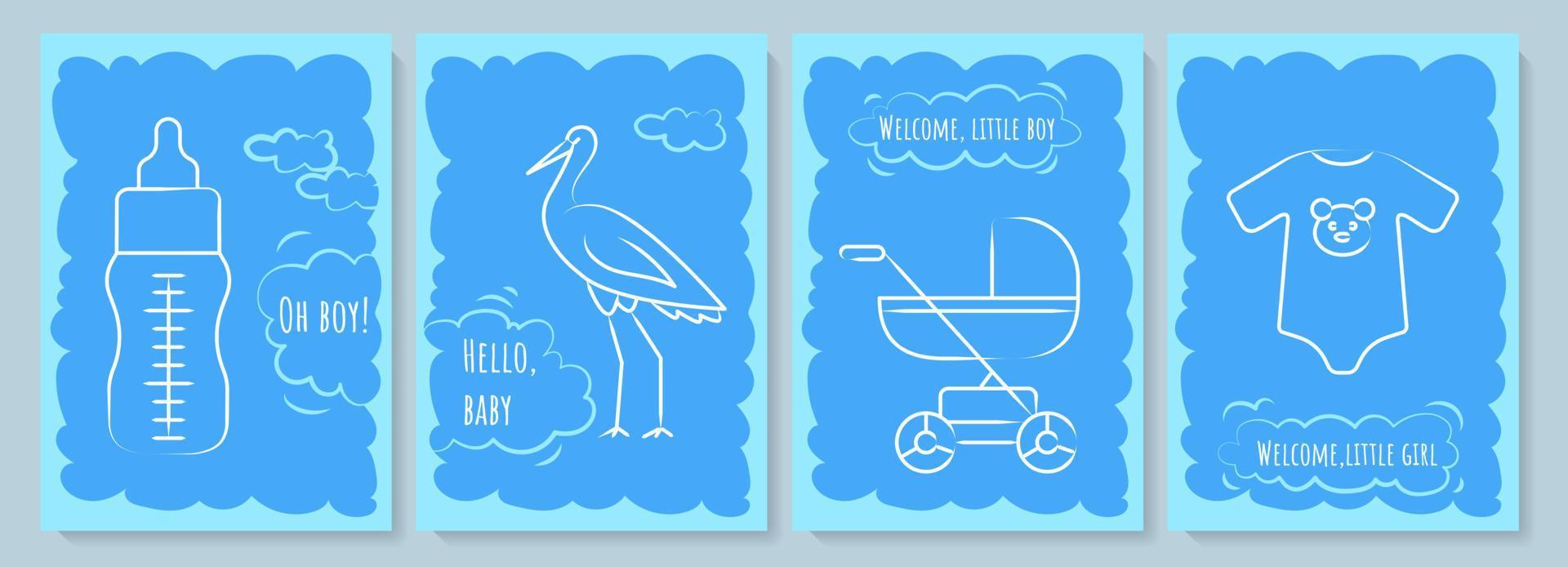 cartão postal azul chá de bebê com conjunto de ícones de glifo linear. esperar o nascimento do bebê. cartão com design decorativo vetorial. cartaz de estilo simples com ilustração criativa lineart. panfleto com desejo de férias vetor