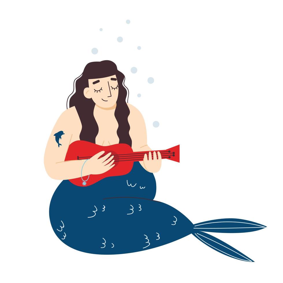 uma sereia fofa está tocando ukulele. sereia plus size. corpo positivo. ilustração vetorial plana. vetor