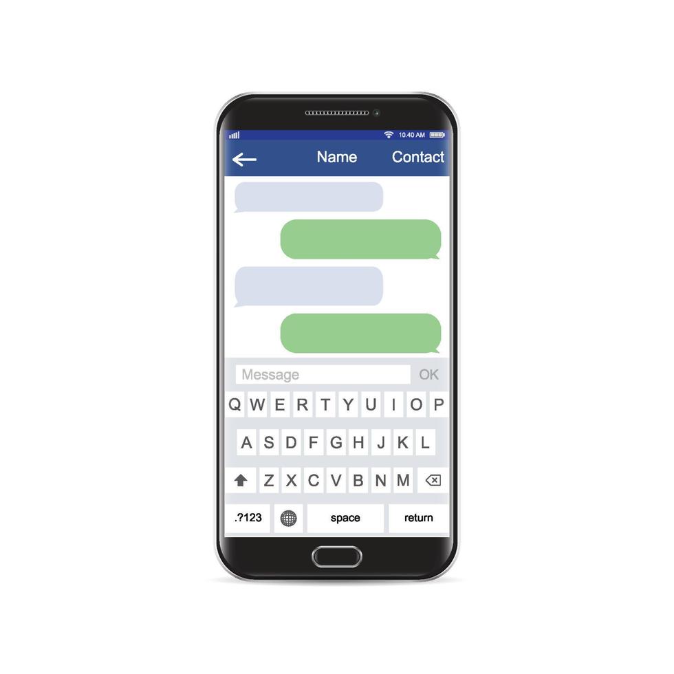 smartphone preto conversando bolhas de modelo de aplicativo sms, tema preto e branco. coloque seu próprio texto nas nuvens de mensagens. compor diálogos usando bolhas de amostras vetor