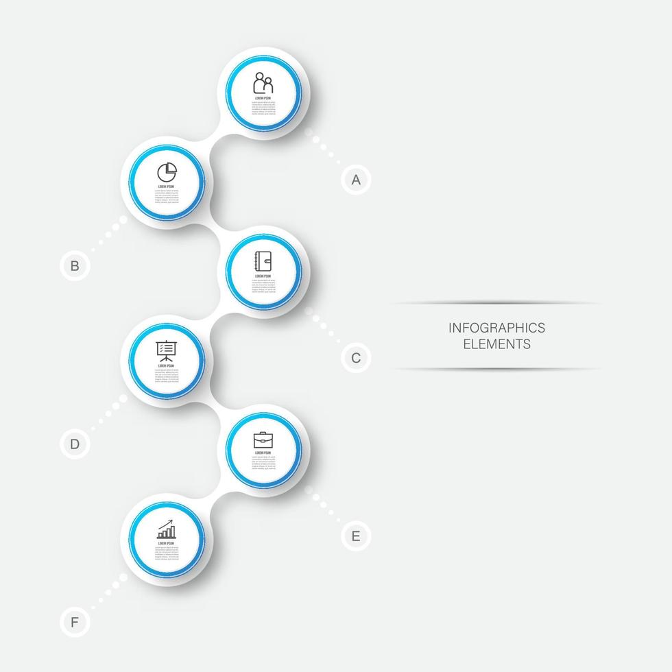 elementos abstratos do modelo de gráfico infográfico com etiqueta, círculos integrados. conceito de negócio com 6 opções. para conteúdo, diagrama, fluxograma, etapas, peças, infográficos de linha do tempo, layout de fluxo de trabalho. vetor