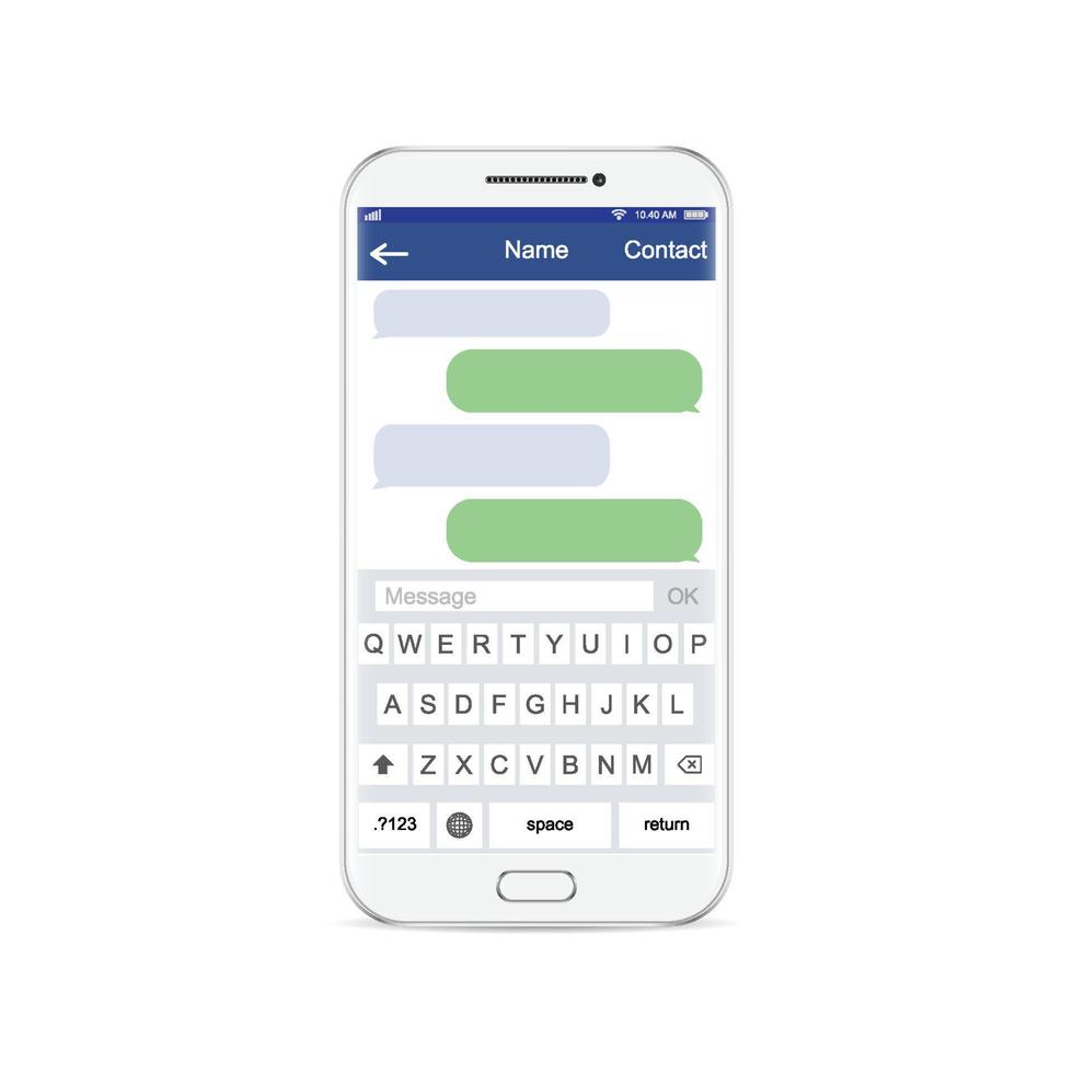 smartphone branco conversando bolhas de modelo de aplicativo sms, tema preto e branco. coloque seu próprio texto nas nuvens de mensagens. compor diálogos usando bolhas de amostras vetor