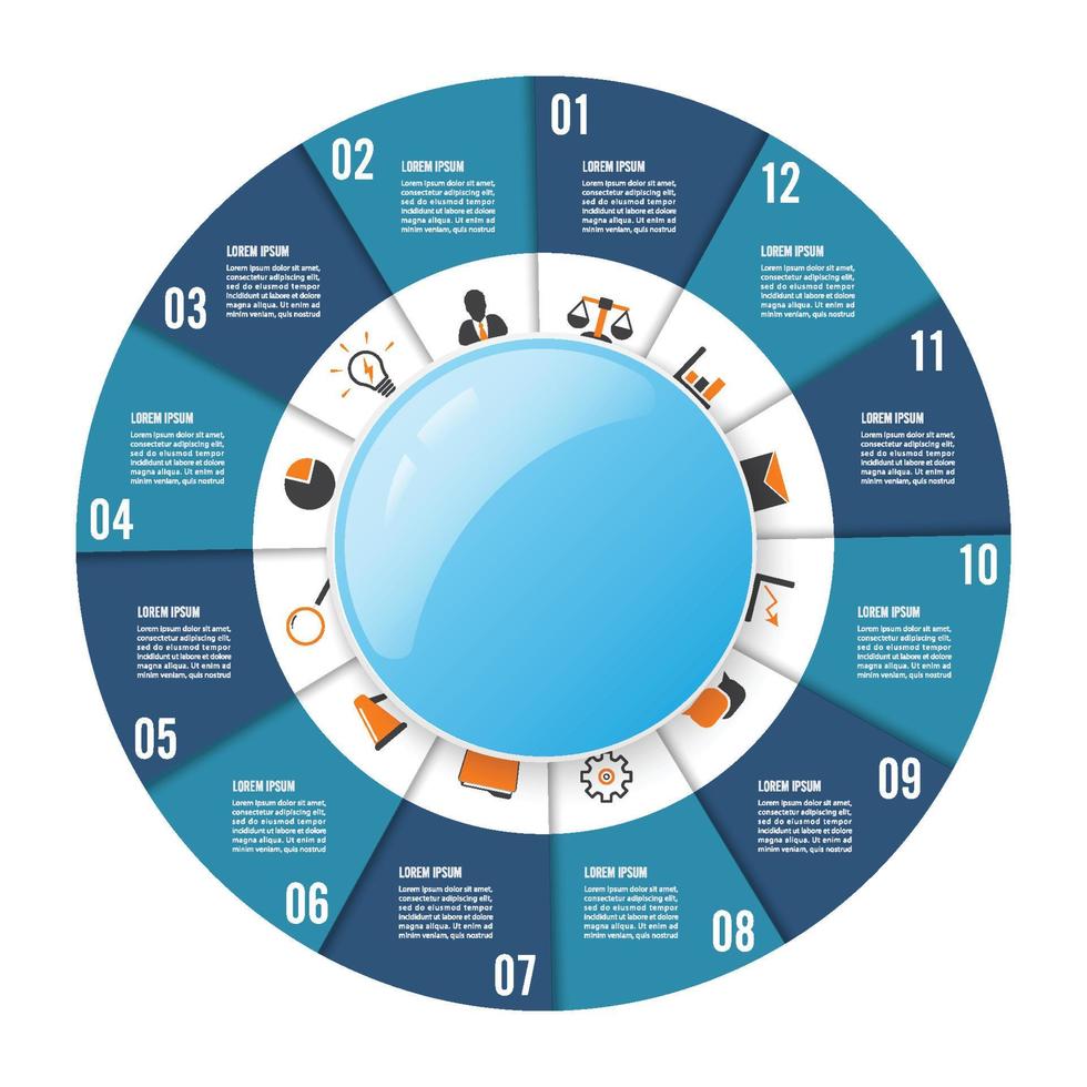 modelo de infográfico de gráfico de círculo com 12 opções para apresentações, publicidade, layouts, relatórios anuais vetor