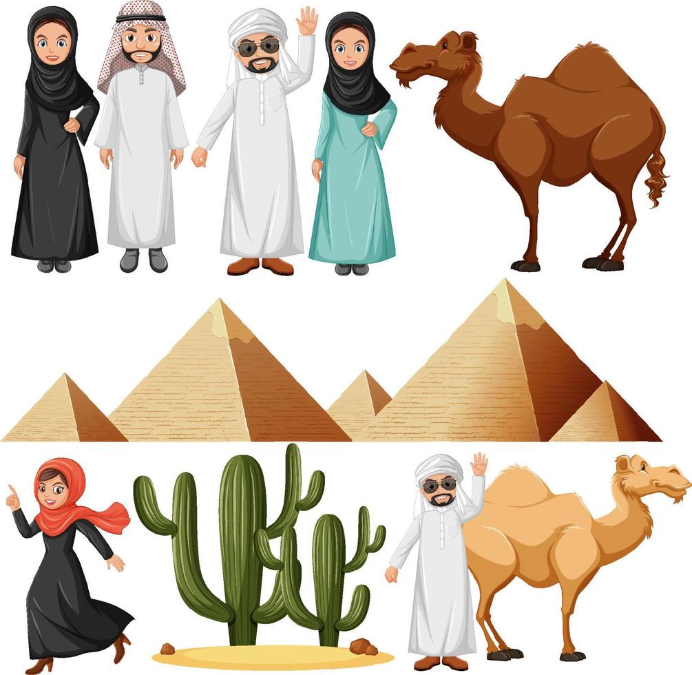 povo árabe com pirâmide e camelo vetor