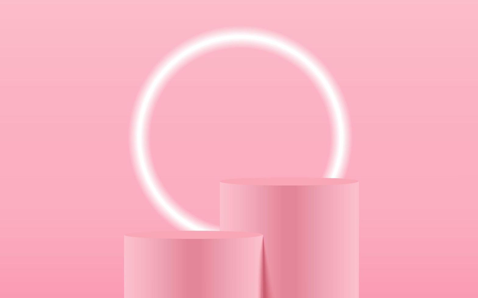 cena de passo de pódio de produto longo pastel rosa realista 2 isolada com luz de néon redonda sobre fundo branco. cena de simulação de cilindro. forma redonda geométrica para a marca do produto. ilustração vetorial 3D vetor