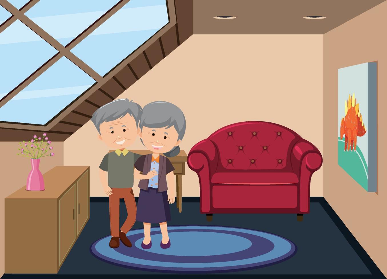 cena de quarto de sótão com um personagem de desenho animado de casal velho vetor
