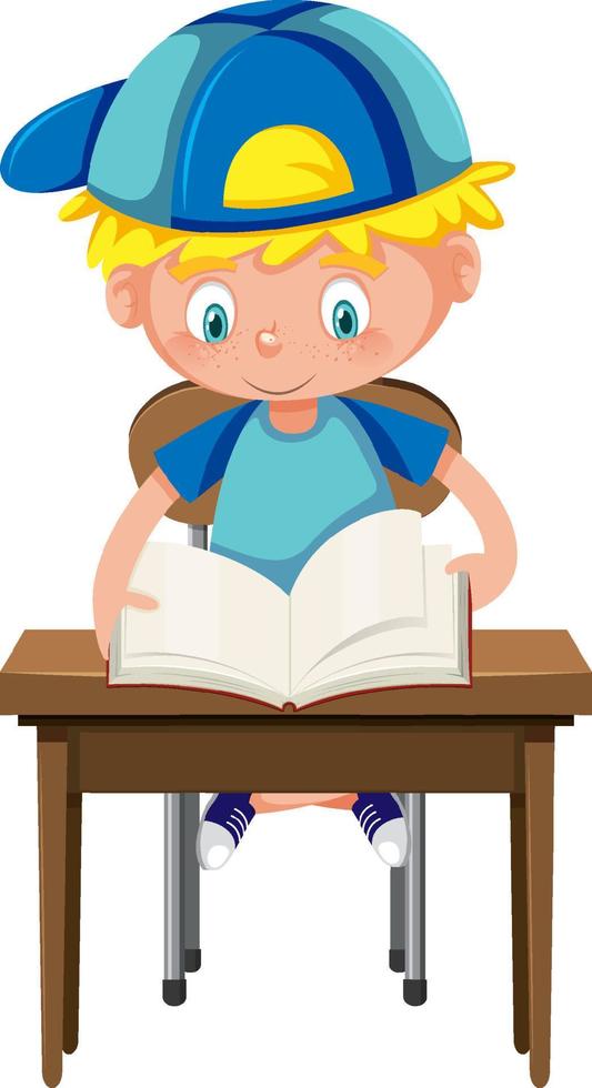 menino lendo livro na mesa da escola vetor