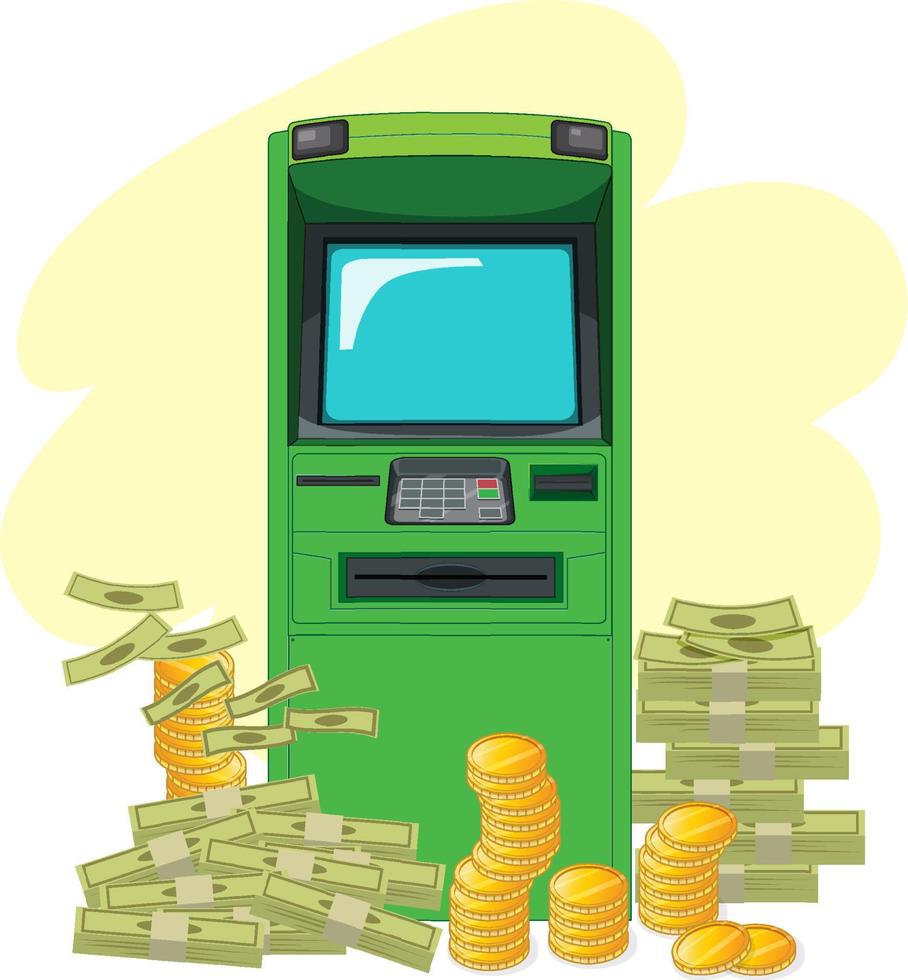 caixa eletrônico com pilha de moedas e dinheiro vetor