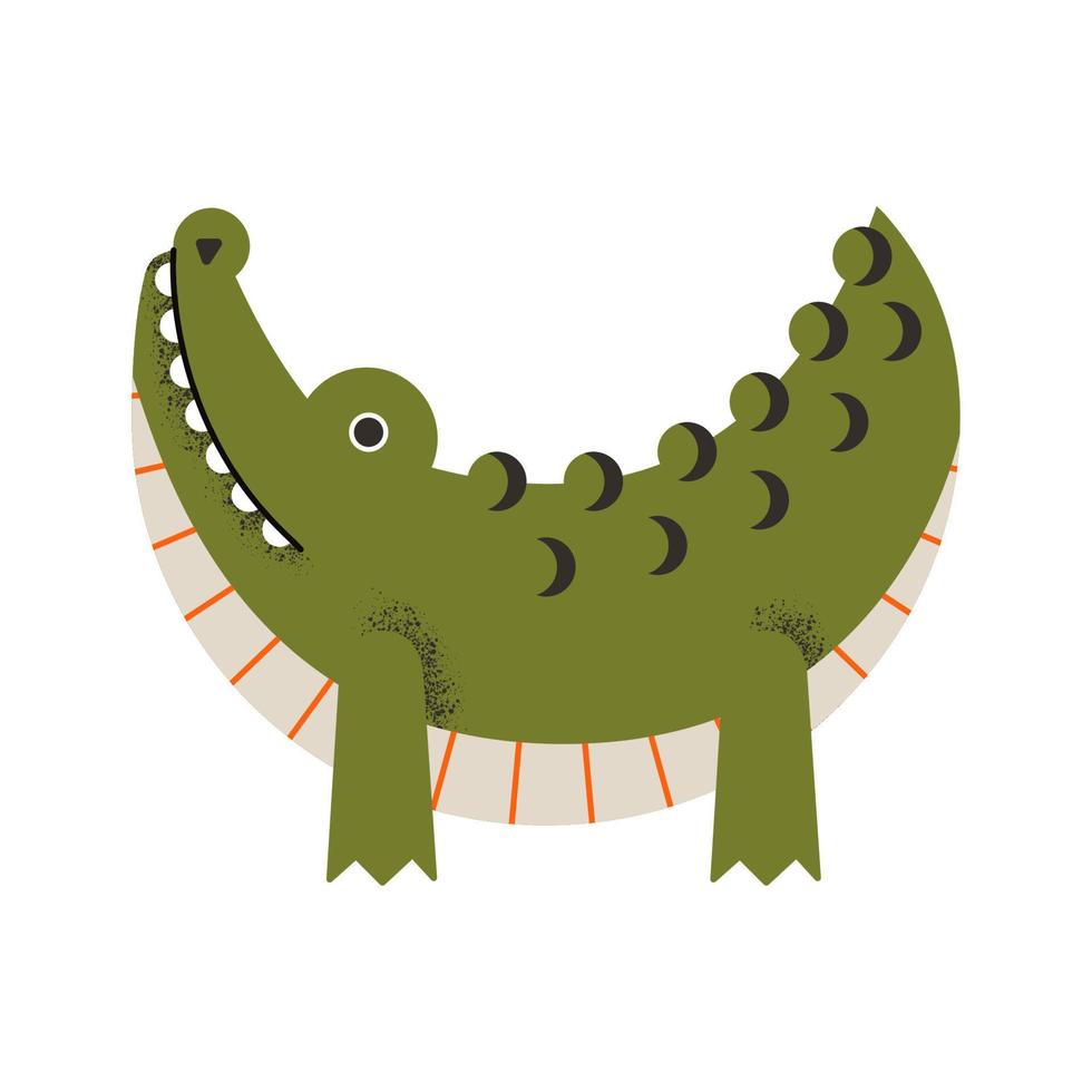 crocodilo geométrico verde com linhas laranja. réptil perigoso de um olhar abstrato sobre um fundo branco. vetor