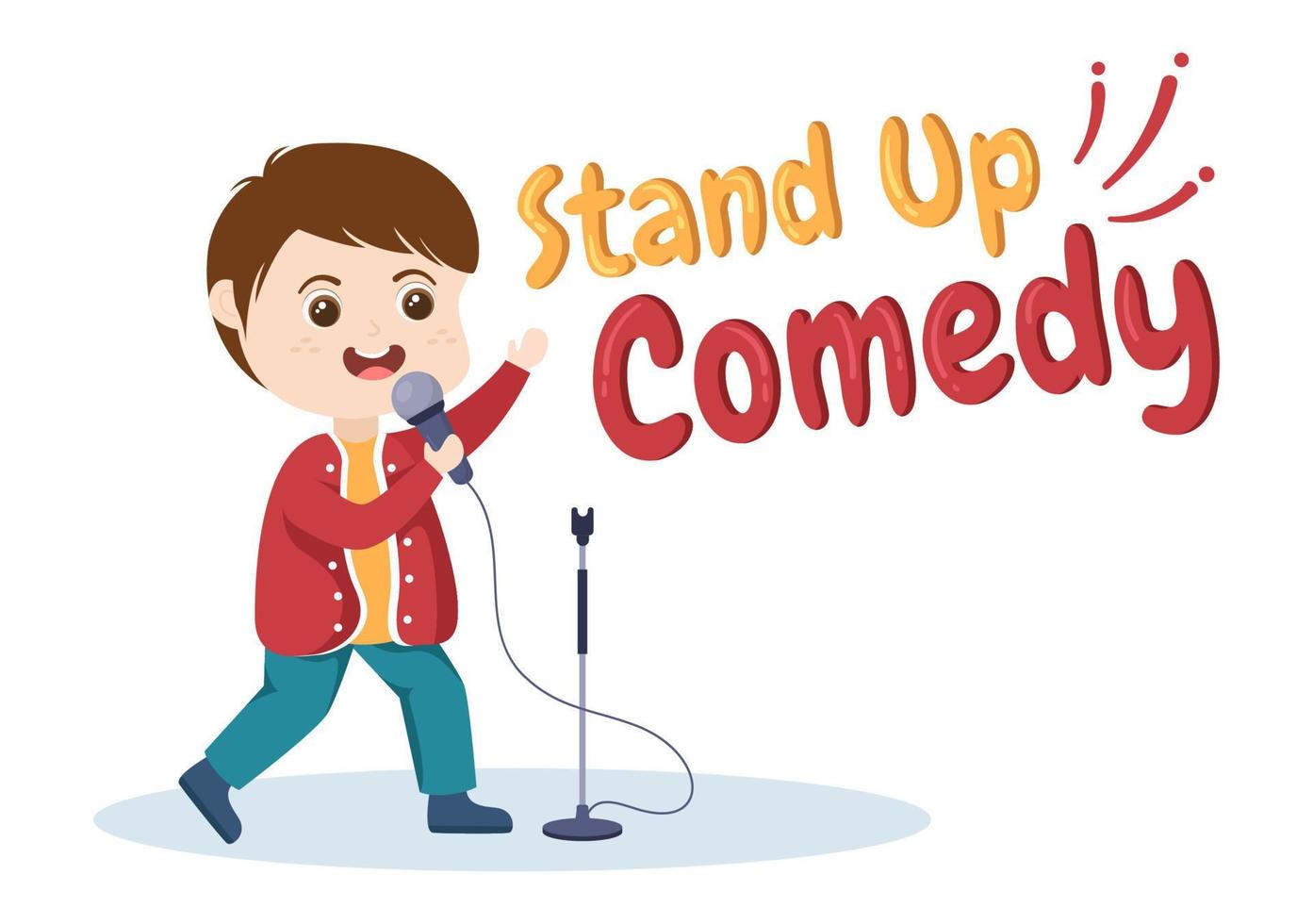 cena de teatro de show de comédia stand up com cortinas vermelhas e microfone aberto para comediante se apresentando no palco em ilustração de desenho animado estilo simples vetor