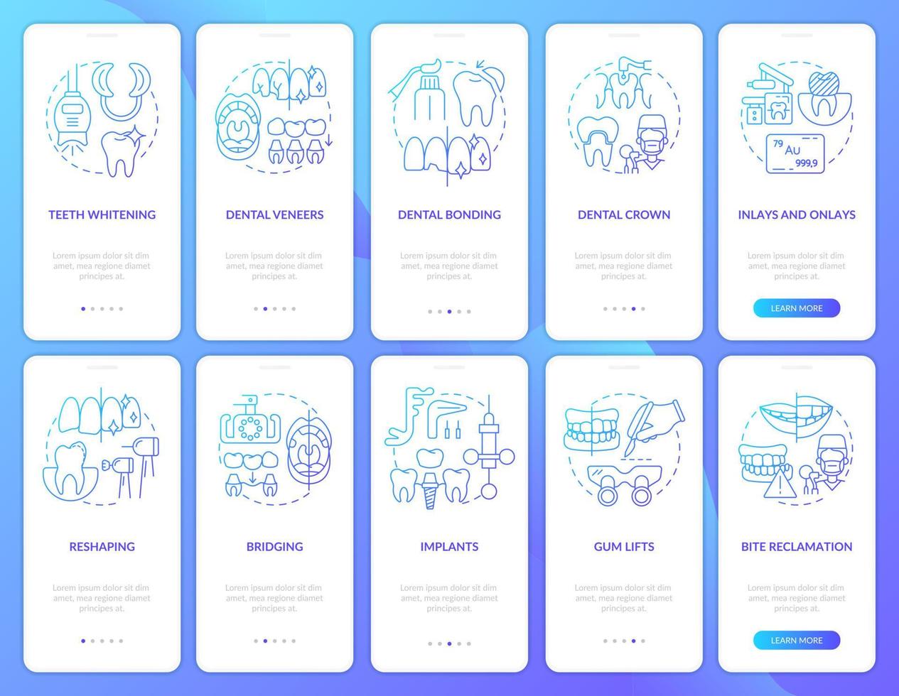 clínica odontológica gradiente azul onboarding conjunto de tela de aplicativo móvel. implantes passo a passo 5 passos páginas de instruções gráficas com conceitos lineares. ui, ux, modelo de gui. inúmeras fontes pró-negrito e regulares usadas vetor