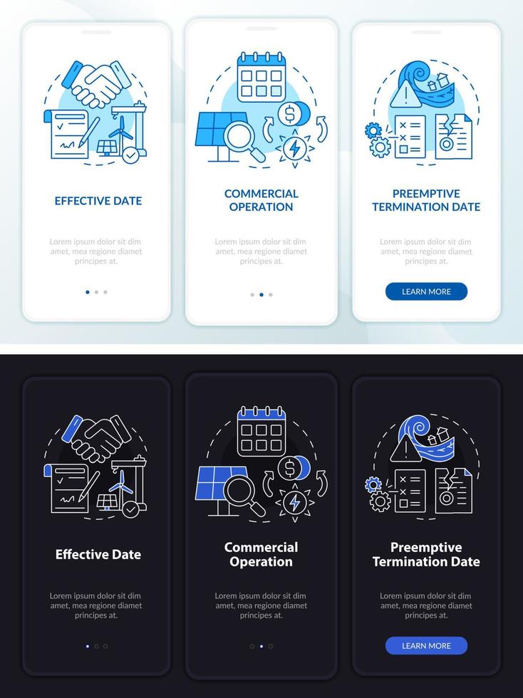 Linha do tempo do contrato ppa modo noite e dia integrando a tela do aplicativo móvel. passo a passo 3 passos páginas de instruções gráficas com conceitos lineares. ui, ux, modelo de gui. inúmeras fontes pró-negrito e regulares usadas vetor