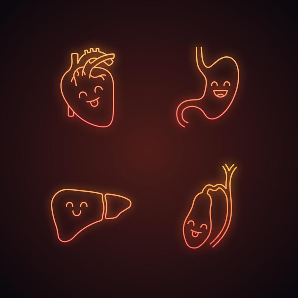 conjunto de ícones de luz neon de órgãos internos humanos a sorrir. coração feliz, estômago, fígado, vesícula biliar. sistemas cardiovascular e digestivo saudáveis. sinais brilhantes. ilustrações vetoriais isoladas vetor