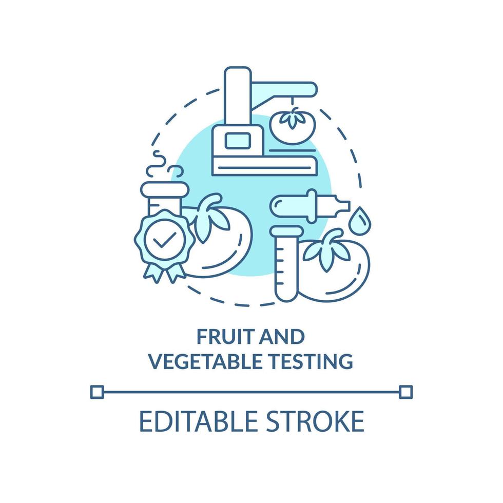 ícone de conceito turquesa de teste de frutas e vegetais. teste de laboratório para ilustração de linha fina de ideia abstrata de produção de alimentos. desenho de contorno isolado. traço editável. arial, uma miríade de fontes pró-negrito usadas vetor