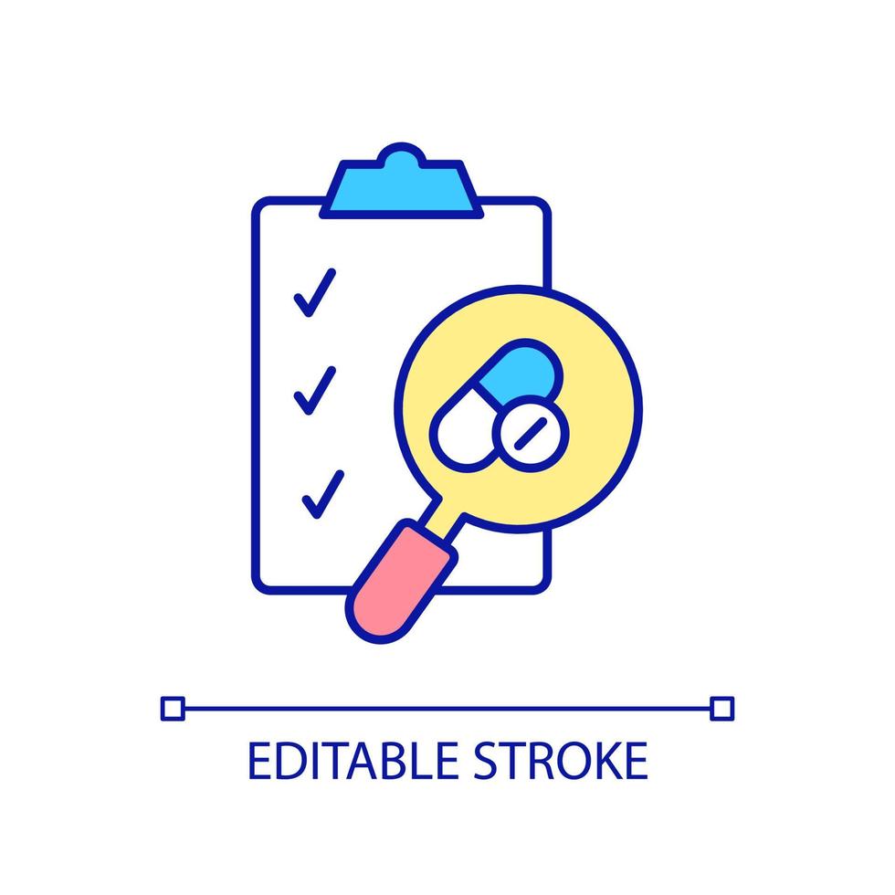 relatório sobre o ícone de cor rgb de testes de medicação. ensaios clínicos fornecendo. investigação de cura de doenças. ilustração vetorial isolado. desenho de linha preenchido simples. traço editável. fonte arial usada vetor