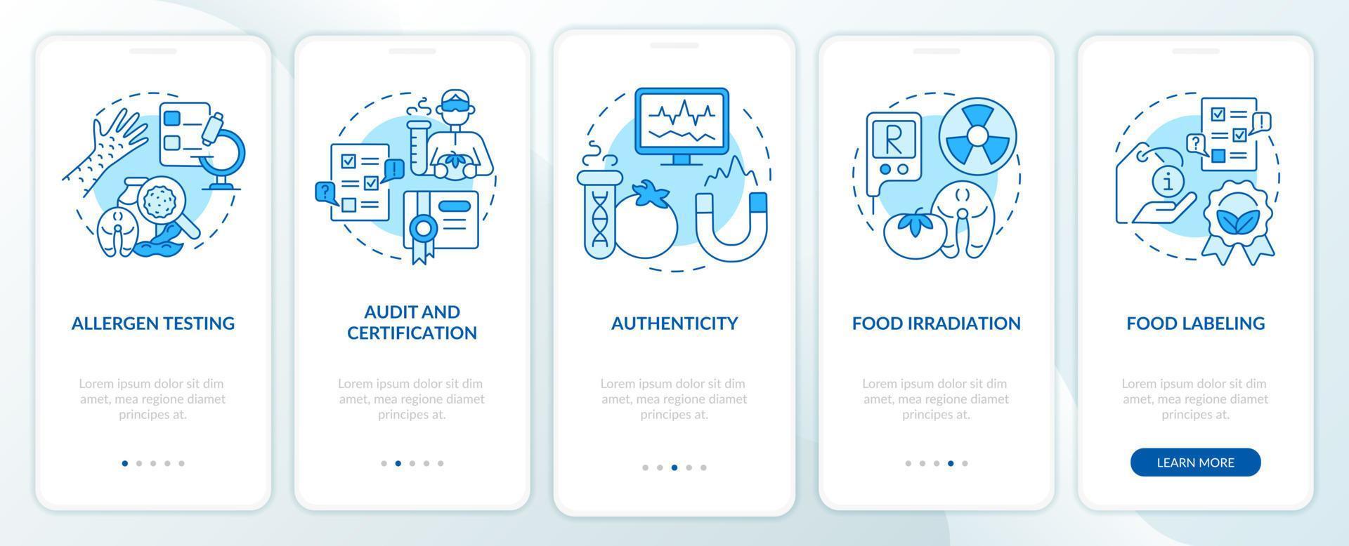 tela de aplicativo móvel de integração azul de serviços de análise. Autenticidade passo a passo 5 passos páginas de instruções gráficas com conceitos lineares. ui, ux, modelo de gui. inúmeras fontes pró-negrito e regulares usadas vetor