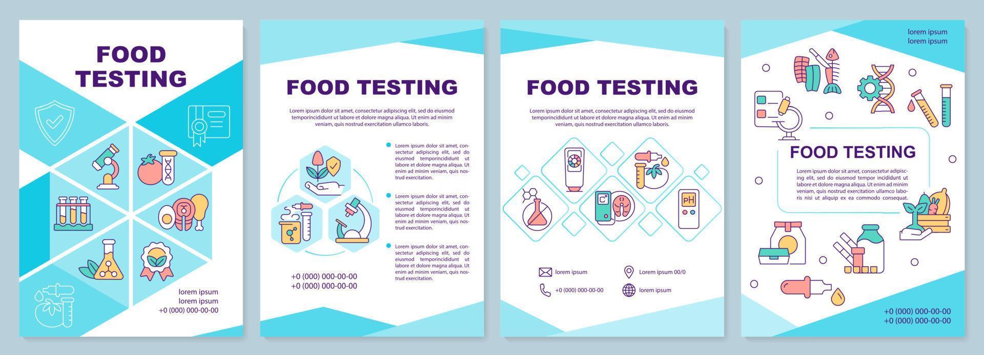 modelo de folheto turquesa de teste de alimentos. avaliação alimentar. design de folheto com ícones lineares. 4 layouts vetoriais para apresentação, relatórios anuais. arial-black, inúmeras fontes pró-regulares usadas vetor