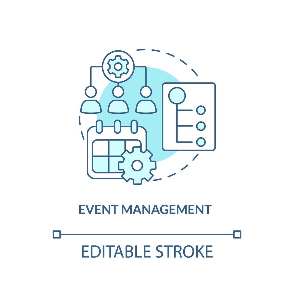 ícone de conceito turquesa de gerenciamento de eventos. trabalho de planejamento empresarial. hr organização de habilidades idéia abstrata ilustração de linha fina. desenho de contorno isolado. traço editável. arial, uma miríade de fontes pró-negrito usadas vetor