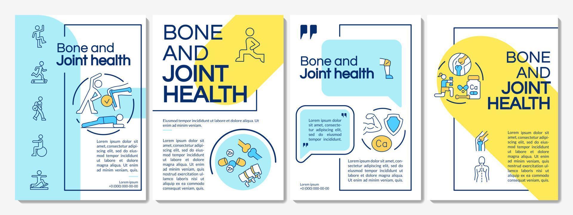 mantendo os ossos e articulações saudável modelo de folheto azul e amarelo. design de folheto com ícones lineares. 4 layouts vetoriais para apresentação, relatórios anuais. questrial, fontes lato-regulares usadas vetor
