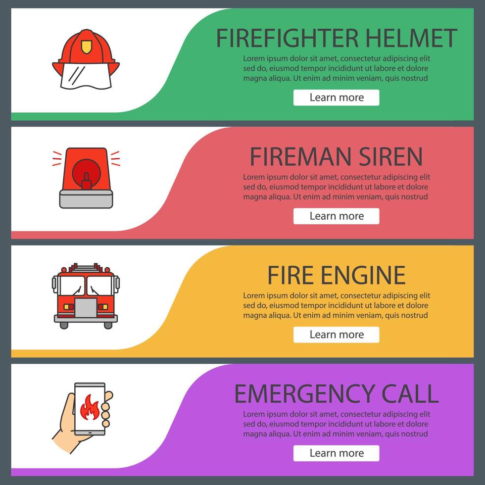 conjunto de modelos de banner da web de combate a incêndios. capacete, sirene de bombeiro, carro de bombeiros, chamada de emergência. itens do menu de cores do site. conceitos de design de cabeçalhos vetoriais vetor