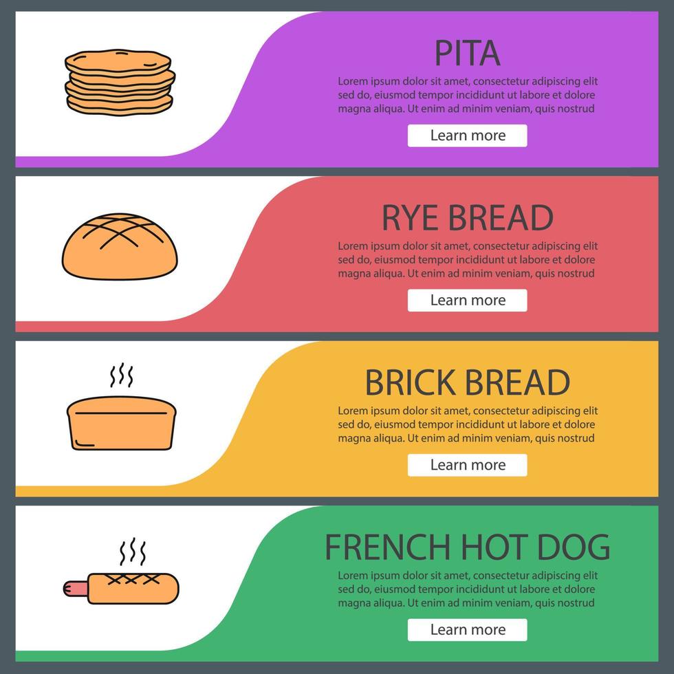 conjunto de modelos de banner da web de padaria. pita, pão de centeio, pão de tijolo, cachorro-quente francês. itens do menu de cores do site. conceitos de design de cabeçalhos vetoriais vetor