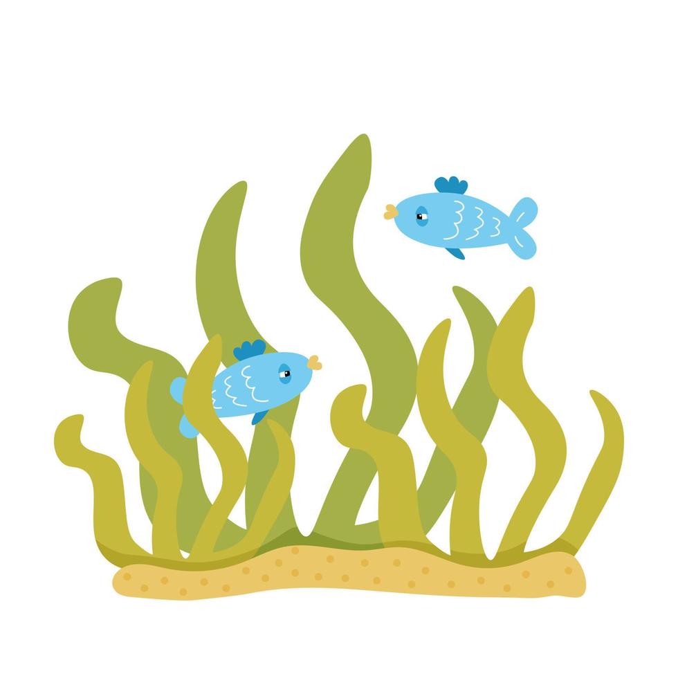 dois peixes azuis em algas na parte inferior vetor