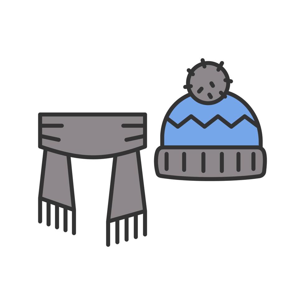 cachecol e chapéu com ícone de cor de pompom. roupas de inverno. ilustração vetorial isolada vetor