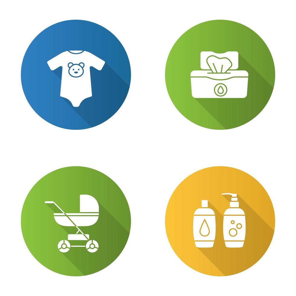 conjunto de ícones de glifo de design plano de cuidados infantis longa sombra. carrinho de bebê, body, lenços umedecidos, shampoo e sabonete. ilustração em vetor silhueta