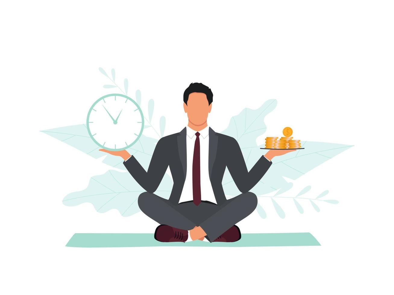 autodisciplina e conceito de gerenciamento de tempo. homem de escritório com relógios e dinheiro na balança. ilustração vetorial vetor
