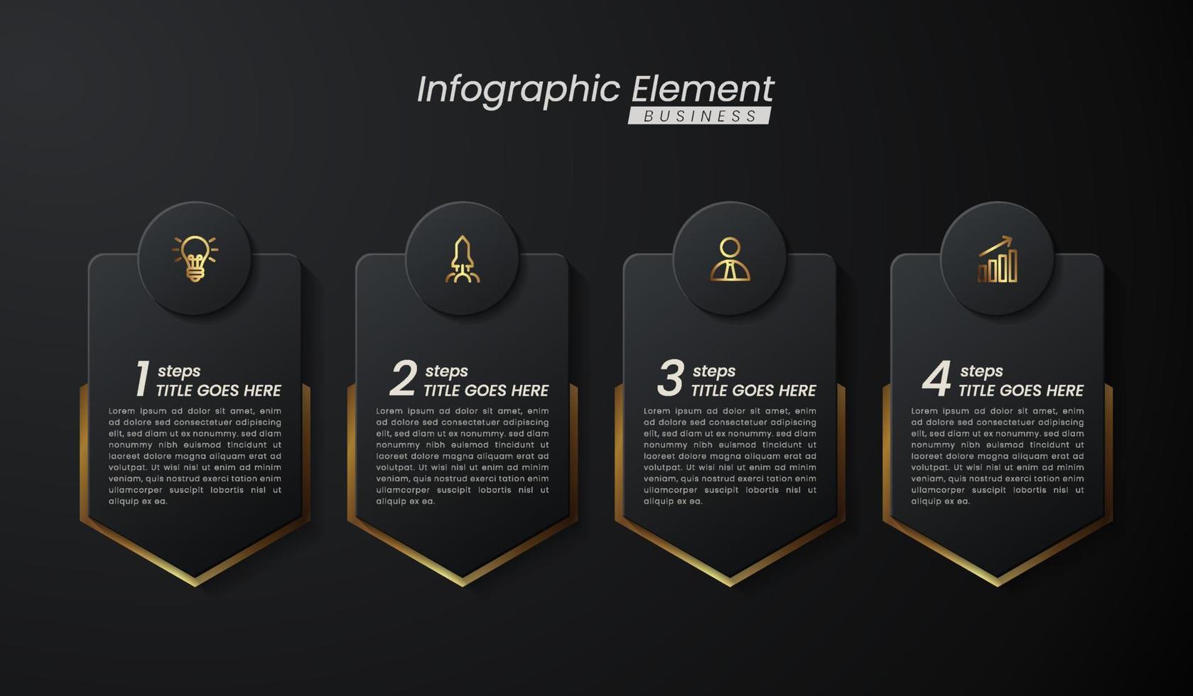 modelo de vetor 3d infográfico elegante ouro escuro com passos para o sucesso. apresentação com ícones de elementos de linha. design de conceito de negócios pode ser usado para layout de web, brochura, diagrama, gráfico ou banner