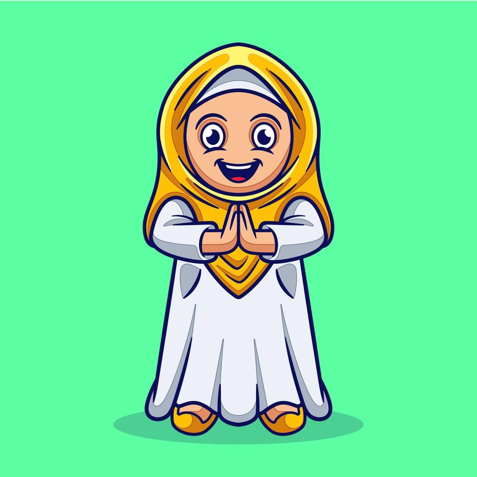 linda garota muçulmana comemorando a ilustração dos desenhos animados de eid mubarak. conceito de ilustração de ramadan kareem vetor