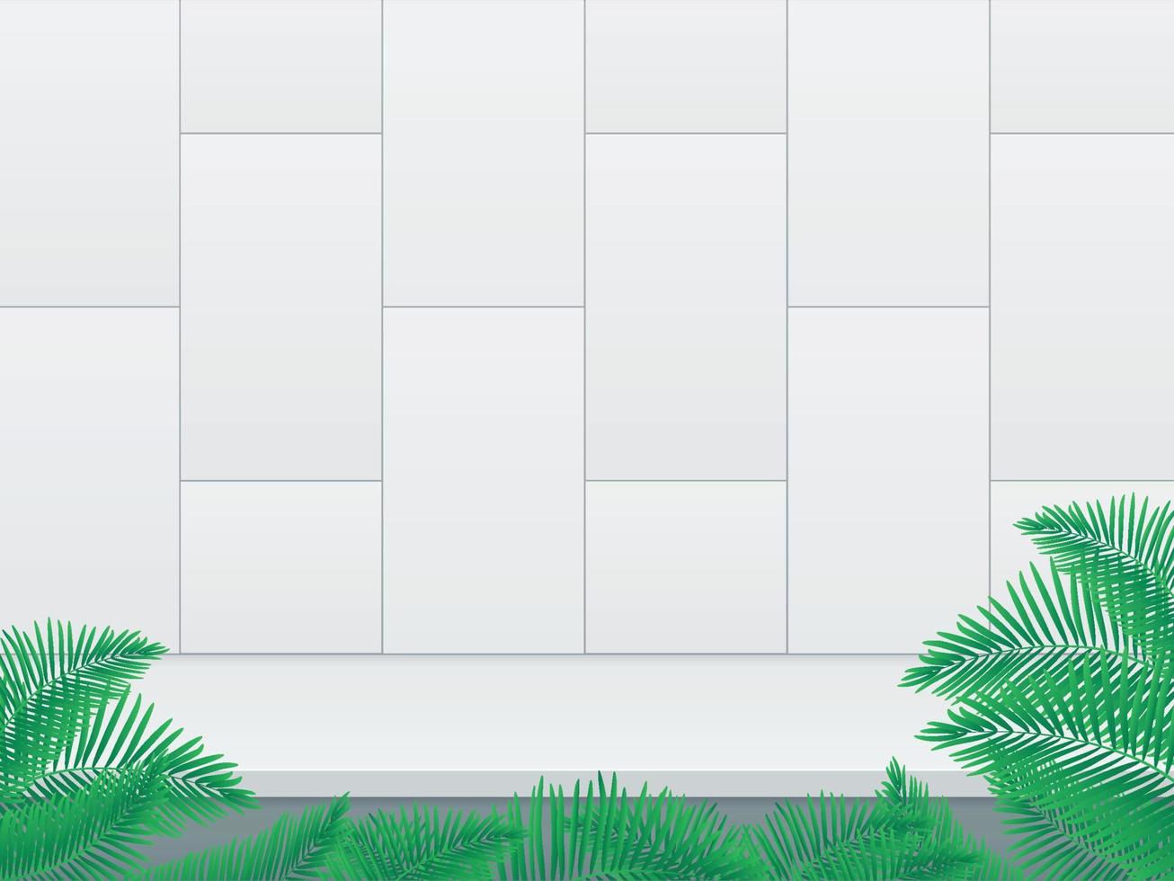 parede de formas 3d abstratas brancas com design de vetor de folha verde