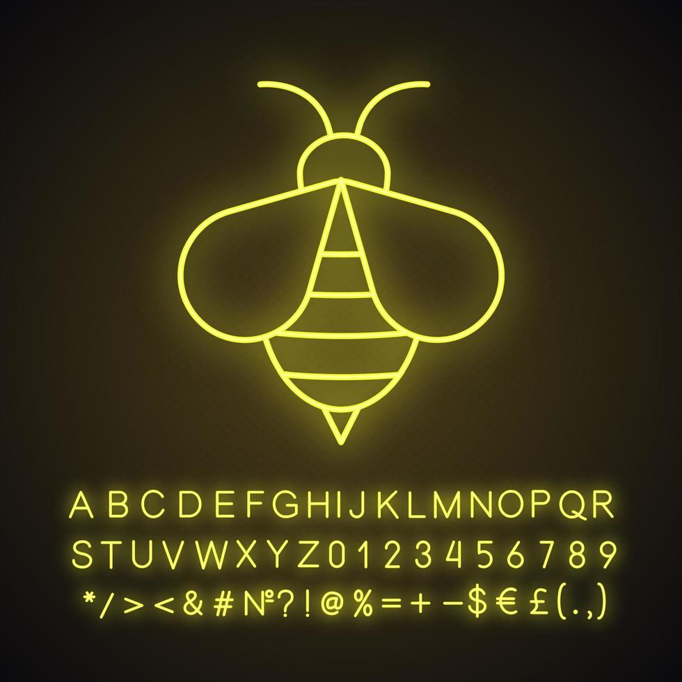 ícone de luz de néon de abelha de mel. sinal de apiário. vespa. sinal brilhante com alfabeto, números e símbolos. ilustração vetorial isolada vetor