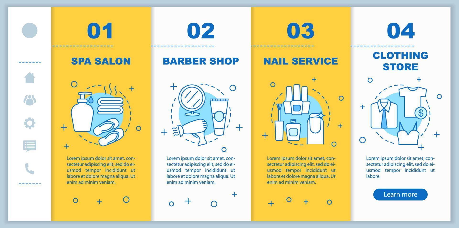 serviços de beleza integrando o modelo de vetor de tela de página de aplicativo móvel. salão de spa, barbearia, etapas do site passo a passo da loja de roupas com ilustrações lineares. ux, ui, gui conceito de interface de smartphone