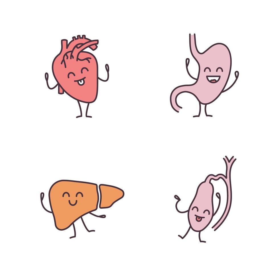 conjunto de ícones de cor de personagens de órgãos internos humanos a sorrir. coração feliz, estômago, fígado, vesícula biliar. sistemas cardiovascular e digestivo saudáveis. ilustrações vetoriais isoladas vetor