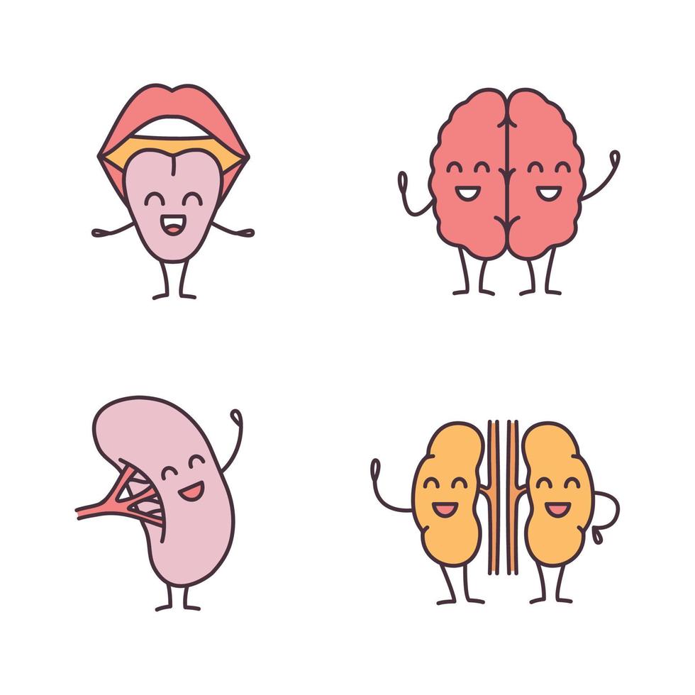 conjunto de ícones de cor de personagens de órgãos internos humanos a sorrir. língua feliz, cérebro, baço, rins. cavidade oral saudável, sistema nervoso, linfático, urinário. ilustrações vetoriais isoladas vetor