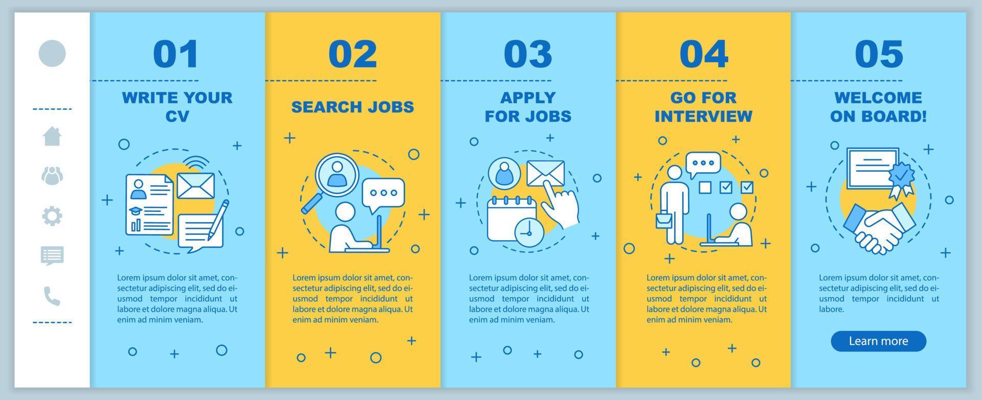 pesquisa de emprego onboarding modelo de vetor de páginas da web móvel. escrever cv, candidatar-se a um emprego, entrevistar, conseguir trabalho. interface de site de smartphone responsivo. telas passo a passo da página da web. conceito de cor