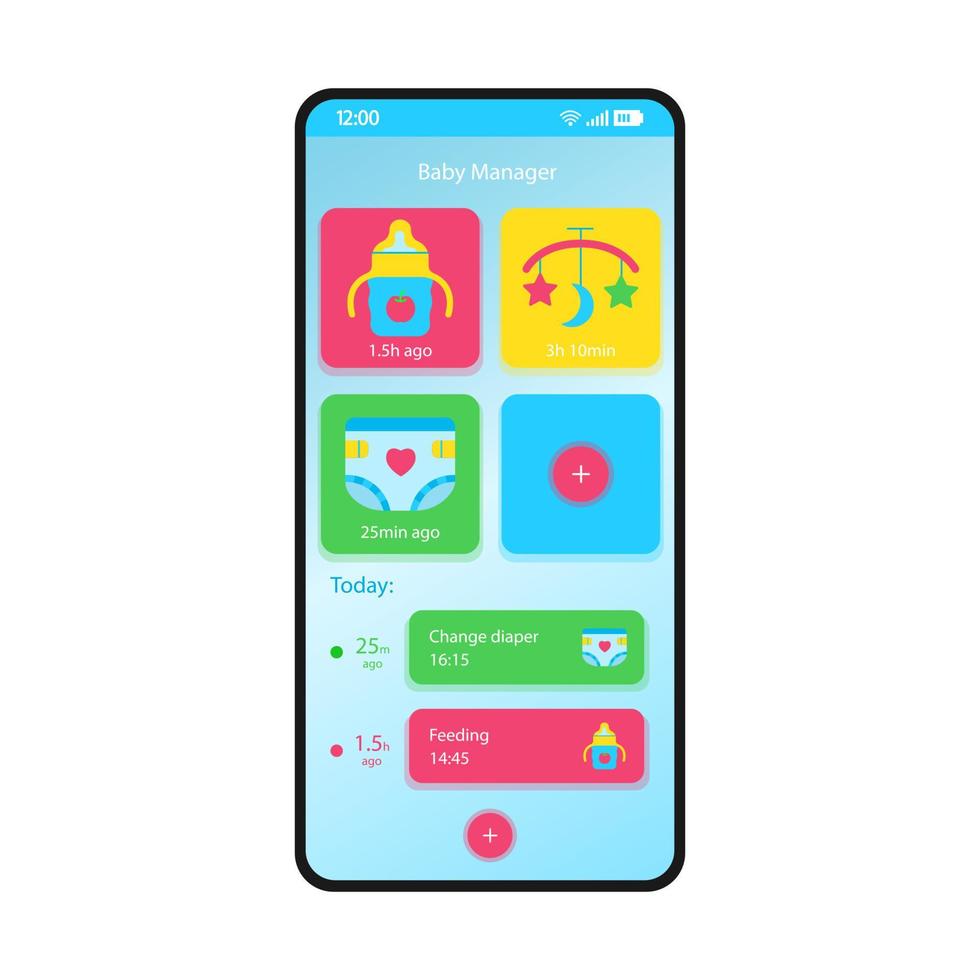 modelo de vetor de interface de smartphone gerente de bebê. layout azul da página do aplicativo móvel. alimentação, troca de fraldas, tela de lembrete de sono. interface do usuário plana para aplicação. rastreador de bebê dos pais, agenda. visor do telefone