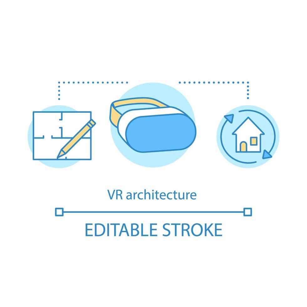 ícone do conceito de arquitetura de realidade virtual. desenvolvimento do edifício. local de trabalho de 360 graus vr. apresentação 3d ícones de linha de ideia de projeto arquitetônico. desenho de contorno isolado de vetor. traço editável vetor