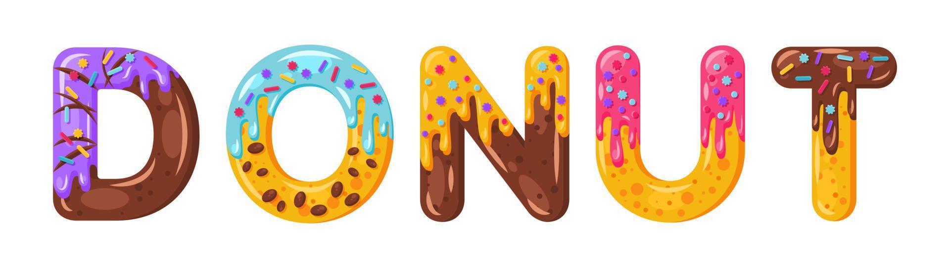 estilo de fonte em negrito biscoito dos desenhos animados donut. maiúsculas esmaltadas. tipografia de design plano tentadora. biscoitos, letras de chocolate. fundo branco. pastelaria, padaria, waffle isolado vector clipart