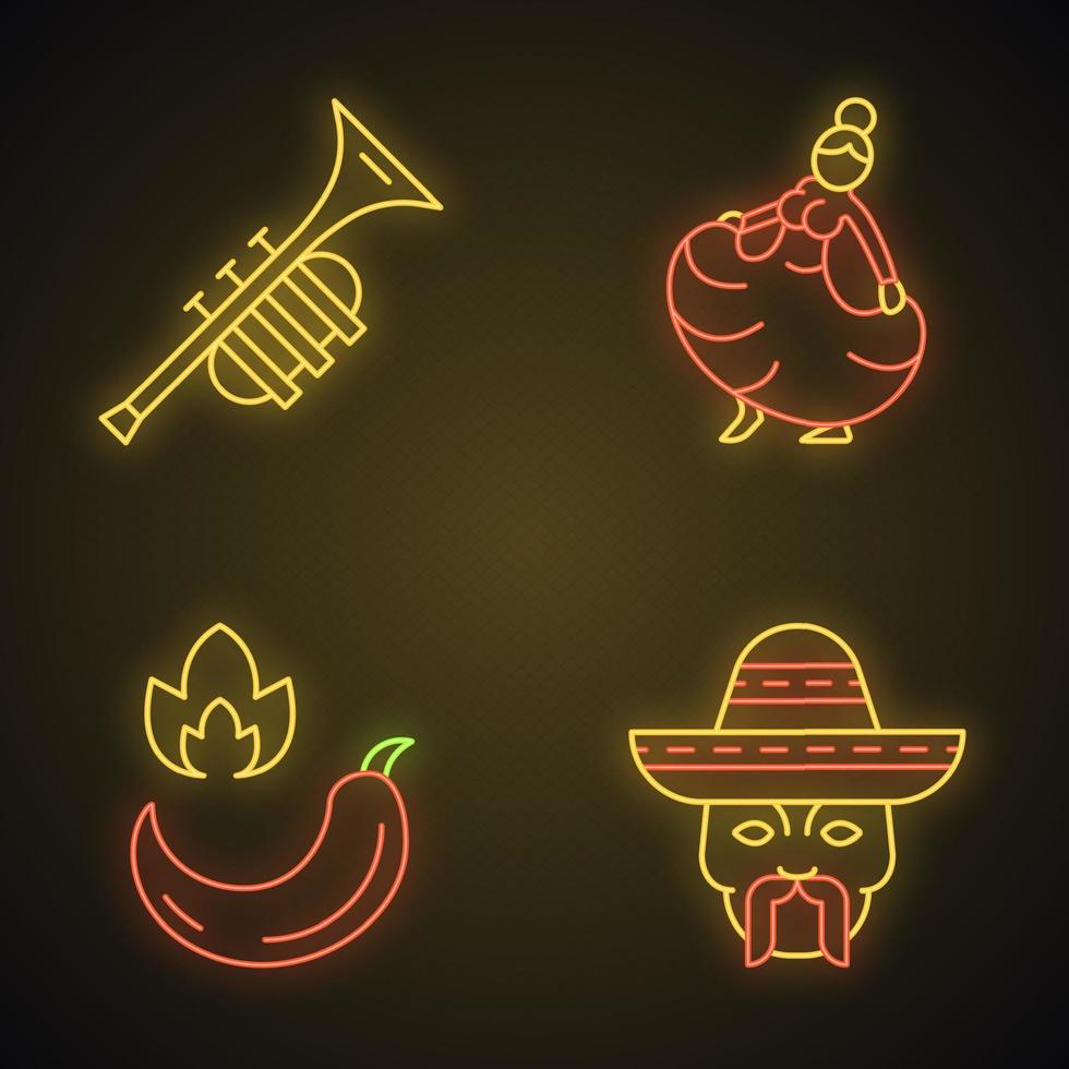 conjunto de ícones de luz neon da cultura mexicana. música hispânica, comida, pessoas, dança. trompete, mulher dançarina, pimenta malagueta, cabeça com bigode e sombrero. sinais brilhantes. ilustrações vetoriais isoladas vetor