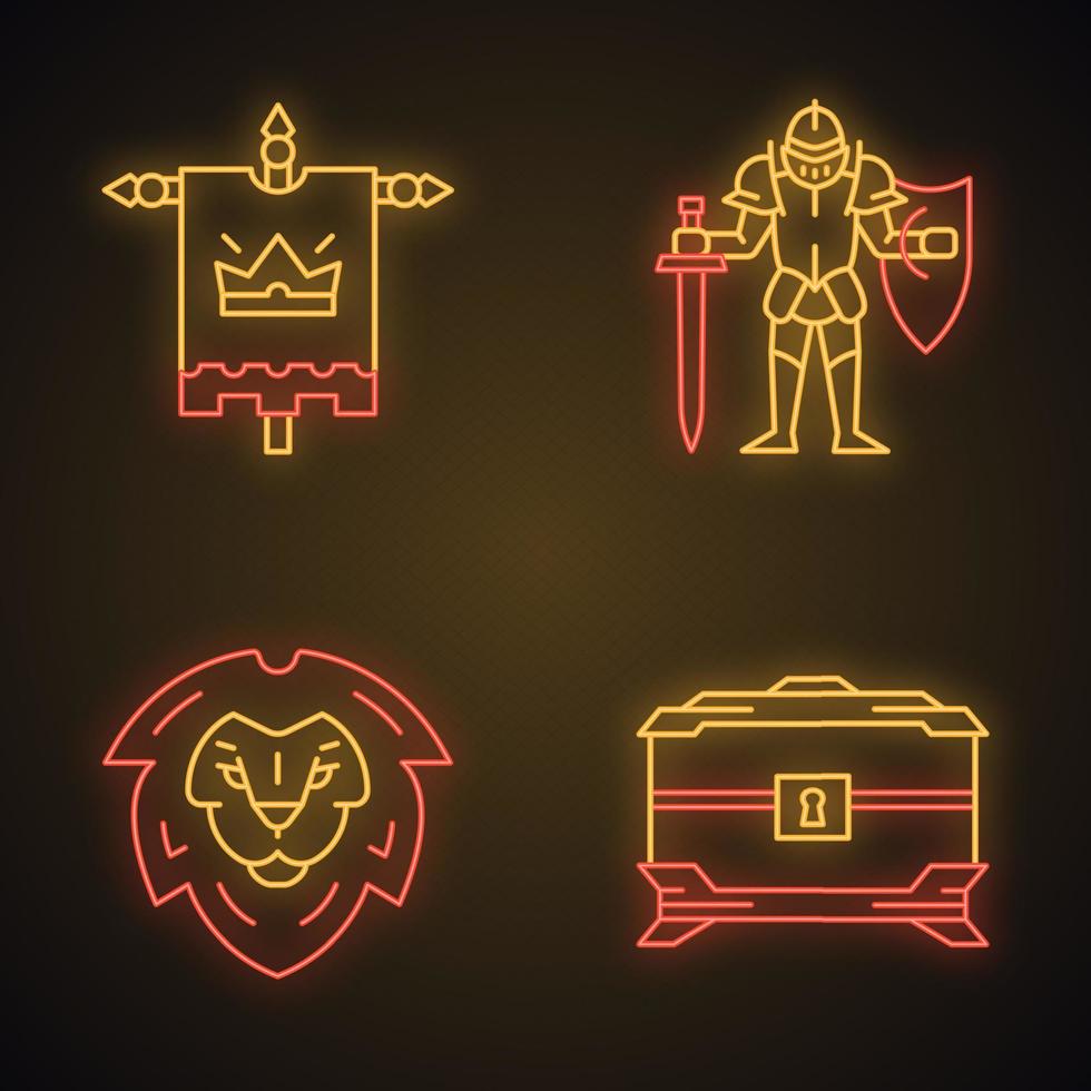 conjunto de ícones medievais de luz neon. bandeira do rei, escudo de cabeça de leão, baú do tesouro, cavaleiro em armadura completa com espada e escudo. sinais brilhantes. ilustrações vetoriais isoladas vetor