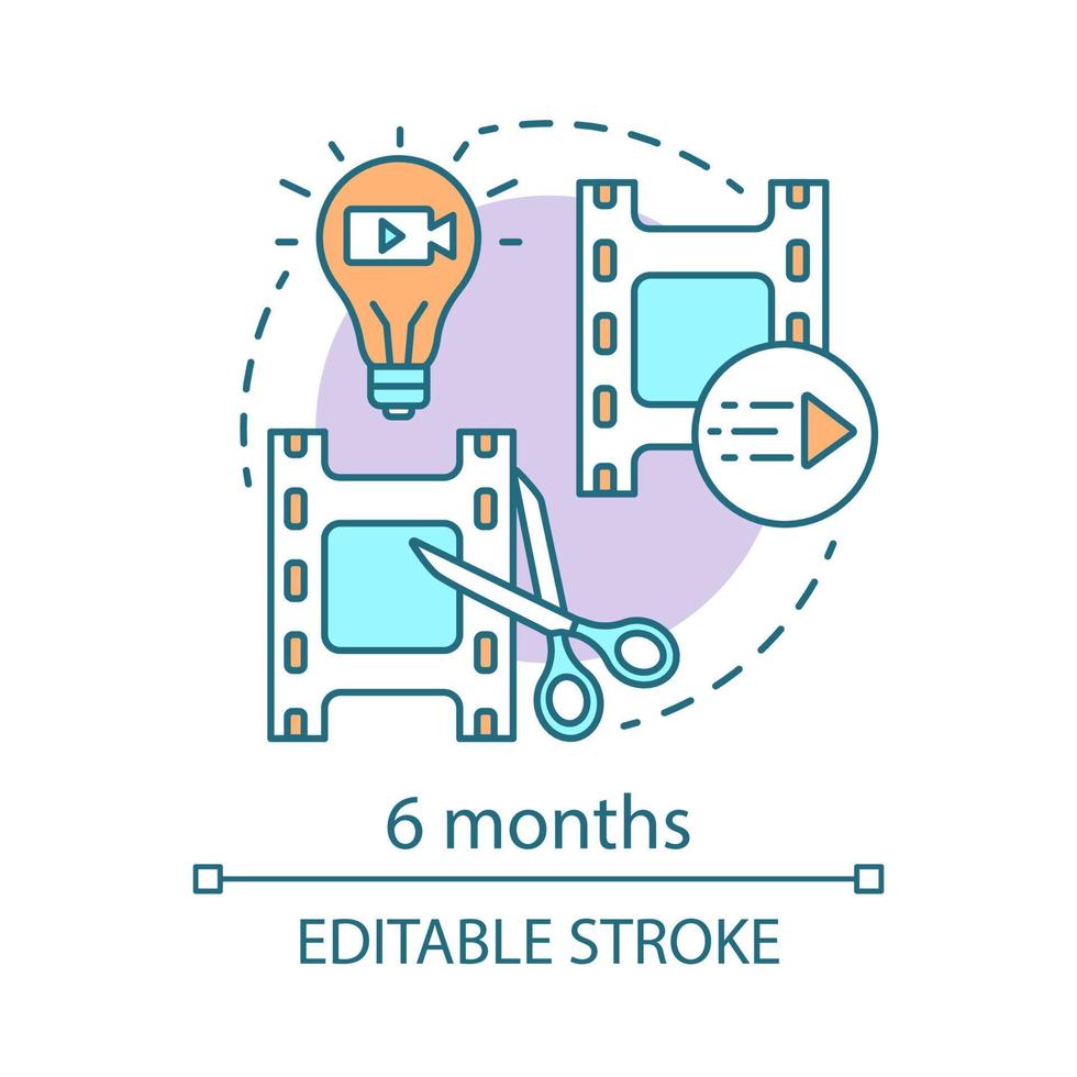 ícone de conceito de 6 meses. ilustração de linha fina de idéia de tarifa de assinatura de editor de vídeo. programa de design de movimento. edição de filme. aplicando efeitos. desenho de contorno isolado de vetor. traço editável vetor