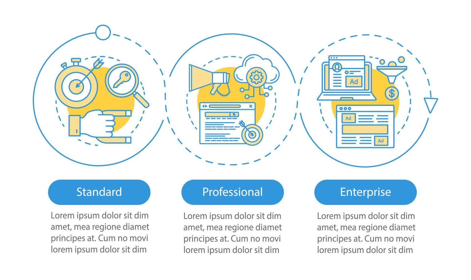 modelo de infográfico de vetor de assinatura crm. elemento de design de apresentação de negócios. visualização de dados, três etapas, opção. padrão, tarifa profissional. gráfico de linha do tempo do processo. layout de fluxo de trabalho, ícone