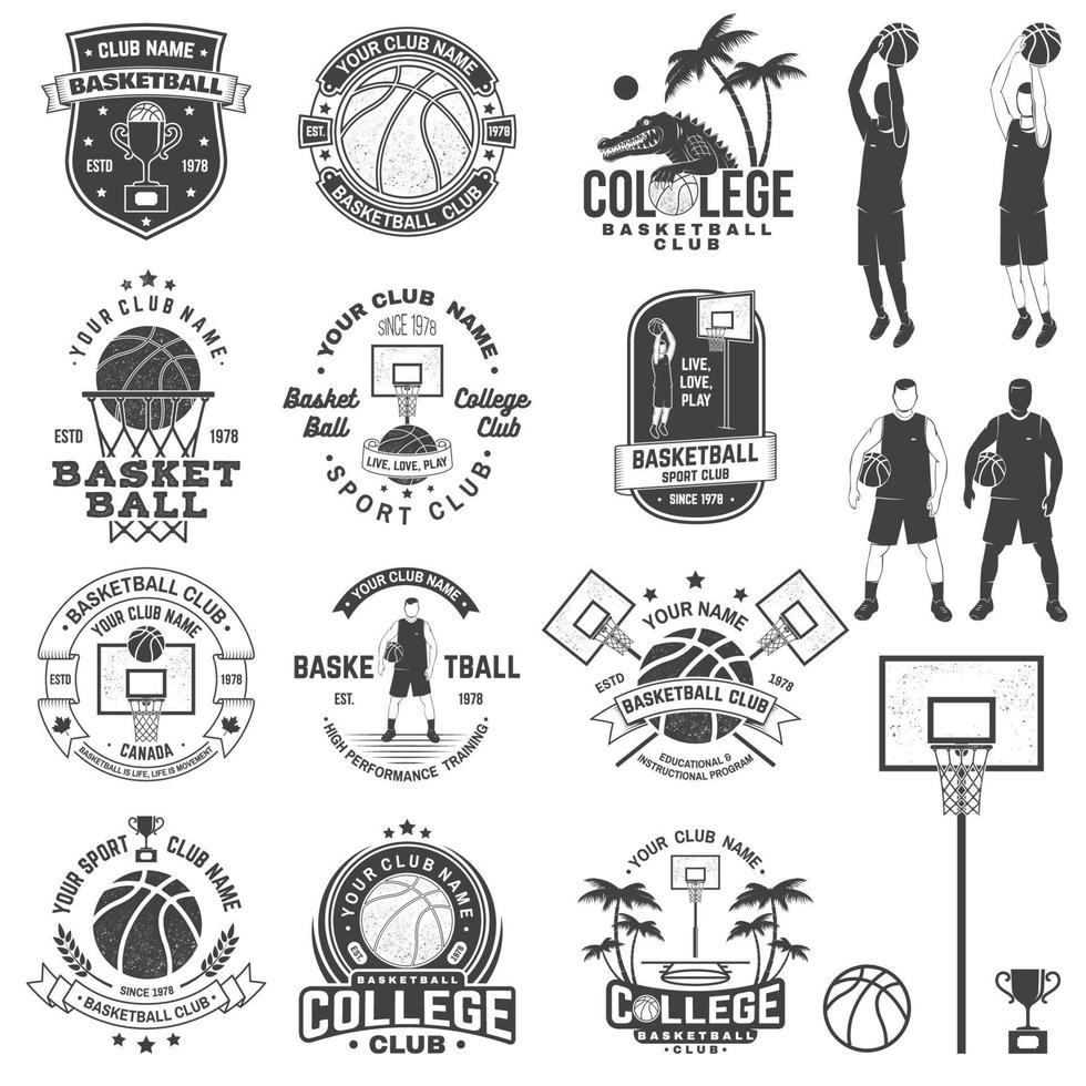 conjunto de distintivo de clube de faculdade de basquete. vetor. conceito para camisa, estampa, carimbo ou camiseta. design de tipografia vintage com silhueta de bola de crocodilo e basquete. vetor