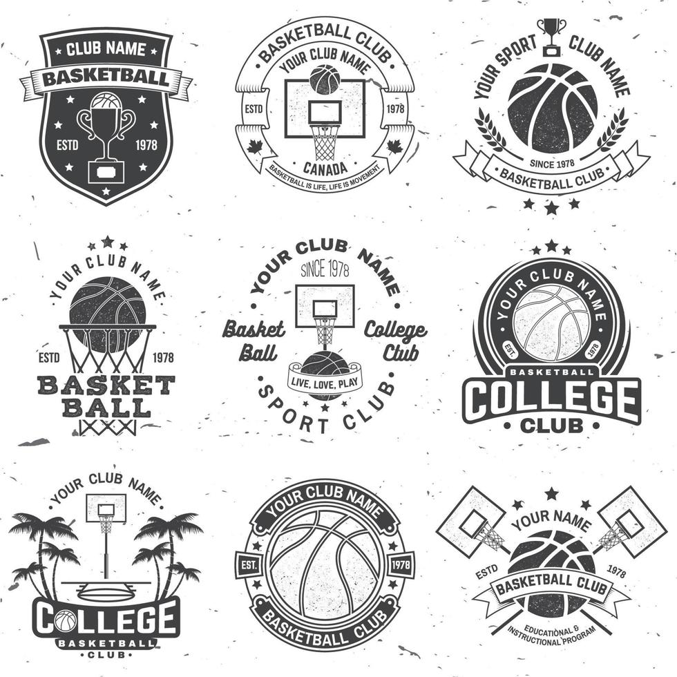 conjunto de distintivo do clube de basquete. vetor. conceito para camisa, estampa, carimbo ou camiseta. design de tipografia vintage com silhueta de jogador de basquete, aro e bola. vetor