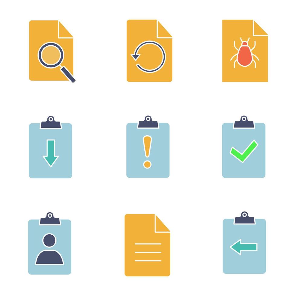 conjunto de ícones de cores de glifo ux ui. encontrar na página, restaurar, relatório de bug, atribuição atrasada e retornada, cv, descrição, área de transferência. símbolos de silhueta sem contorno. espaço negativo. ilustrações vetoriais vetor